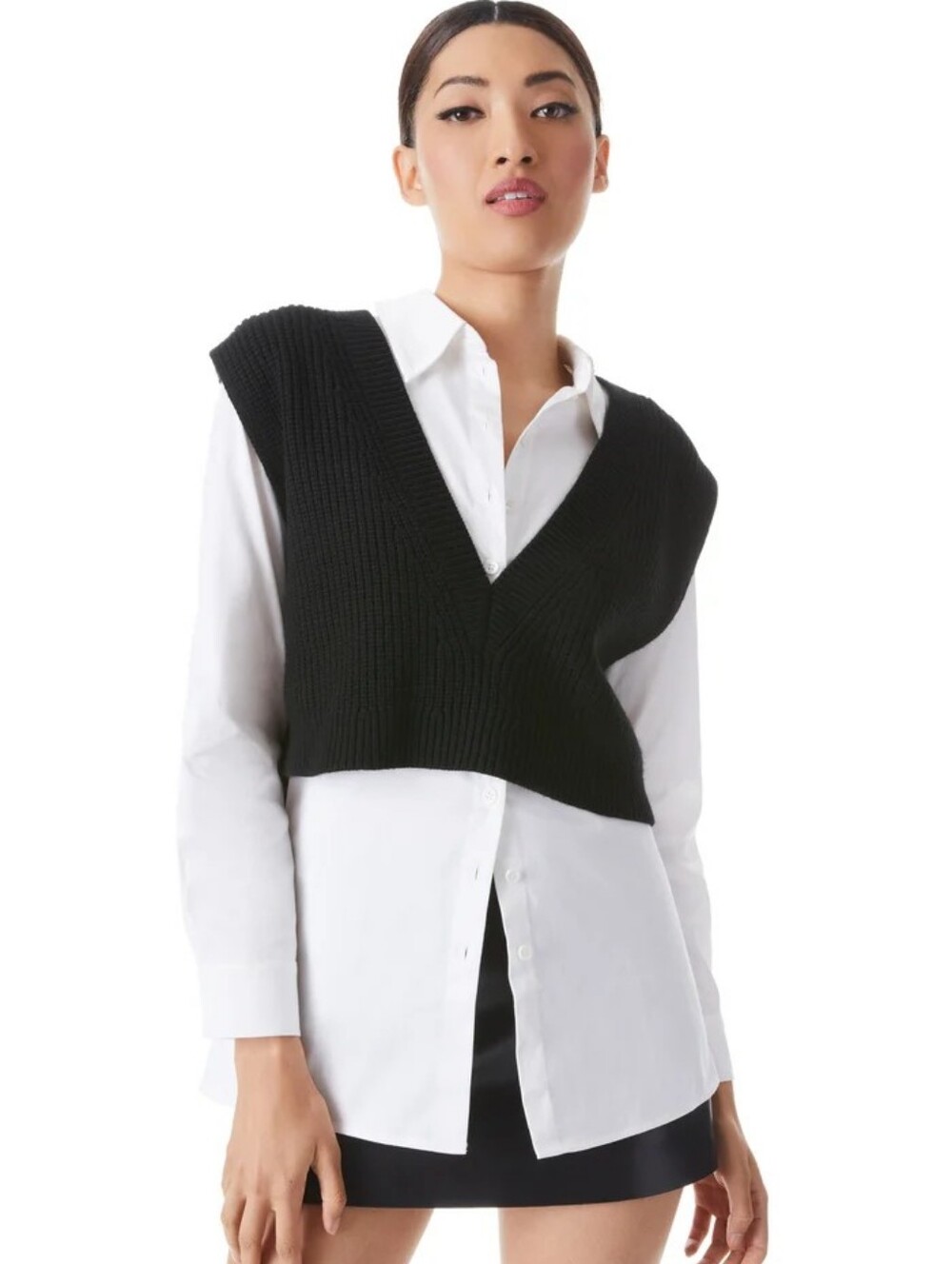 Alice + Olivia Black Cropped V-Neck Knit Vest